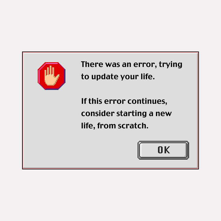 The artwork "ERROR" by Harold Herb presents a minimalist digital window with pixelated graphics, featuring a red stop sign icon and black text on a light gray background. This conceptual piece blends retro computer interface aesthetics with modern mixed media influences, evoking the ironic digital commentary of Nam June Paik and the stark simplicity of early user interface design.