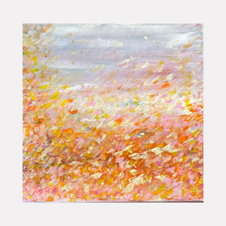 The artwork "ETCHED IN SUNLIGHT" by Gail Sarasohn features an abstract impressionist style with a vibrant palette of warm oranges, pinks, and golds blending into soft lilac and gray tones. The textured brushstrokes create a dynamic, shimmering effect reminiscent of Claude Monet's water lilies and J.M.W. Turner's atmospheric landscapes.
