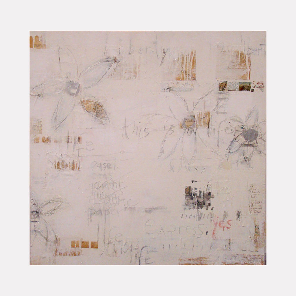 The artwork "EXPRESSIONS" by Amadea Bailey features delicate sketches of large, abstract flowers in muted tones of beige, white, and light brown, layered with subtle textures and faint handwritten text fragments. The minimalist style combines soft smudges and rough pencil lines, creating a contemplative and airy composition. Amadea Bailey.