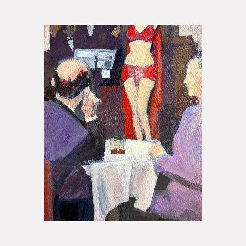 The artwork "Ear" by Chris Baily features an intimate scene with three figures, including a woman in red lingerie standing against a dark interior backdrop. The painting uses bold, textured brushstrokes and a muted palette of purples, reds, and browns, evoking the candid realism of Edward Hopper and the figurative styles of Alice Neel.