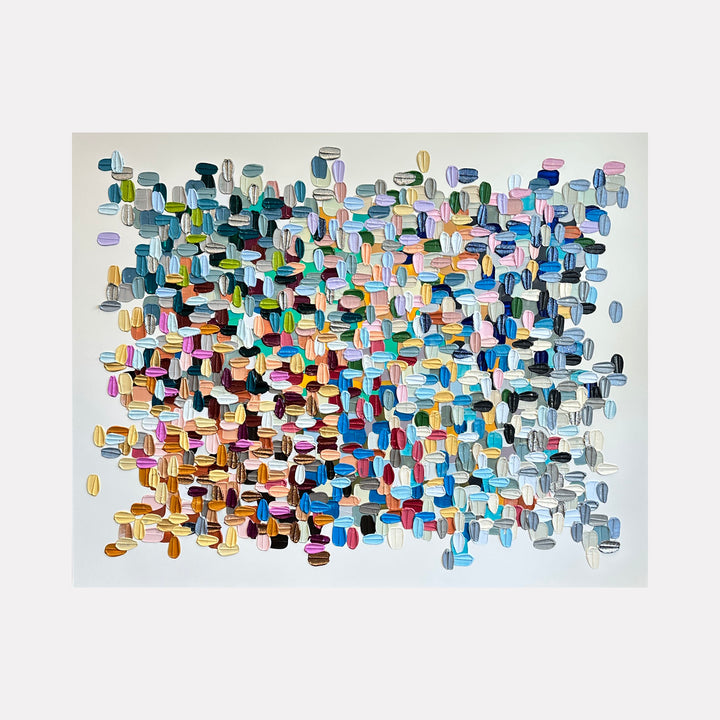 Early Morning by Shiri Phillips displays a lively grid of small, rounded brushstrokes in varied hues of blues, pinks, greens, golds, and earth tones. The abstract composition layers vibrant colors and textured marks, creating a rhythmic sense of movement and a fresh, uplifting modern expression.