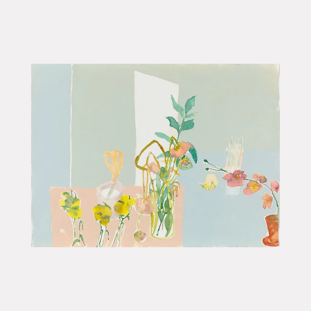 The artwork "Early Morning Interior" by Lisa Warren features a minimalist still life with pastel shades of blue, green, and peach. Delicate floral arrangements in loose, flowing brushstrokes evoke a calm atmosphere reminiscent of the soft abstraction seen in works by Henri Matisse, emphasizing light, negative space, and organic shapes.