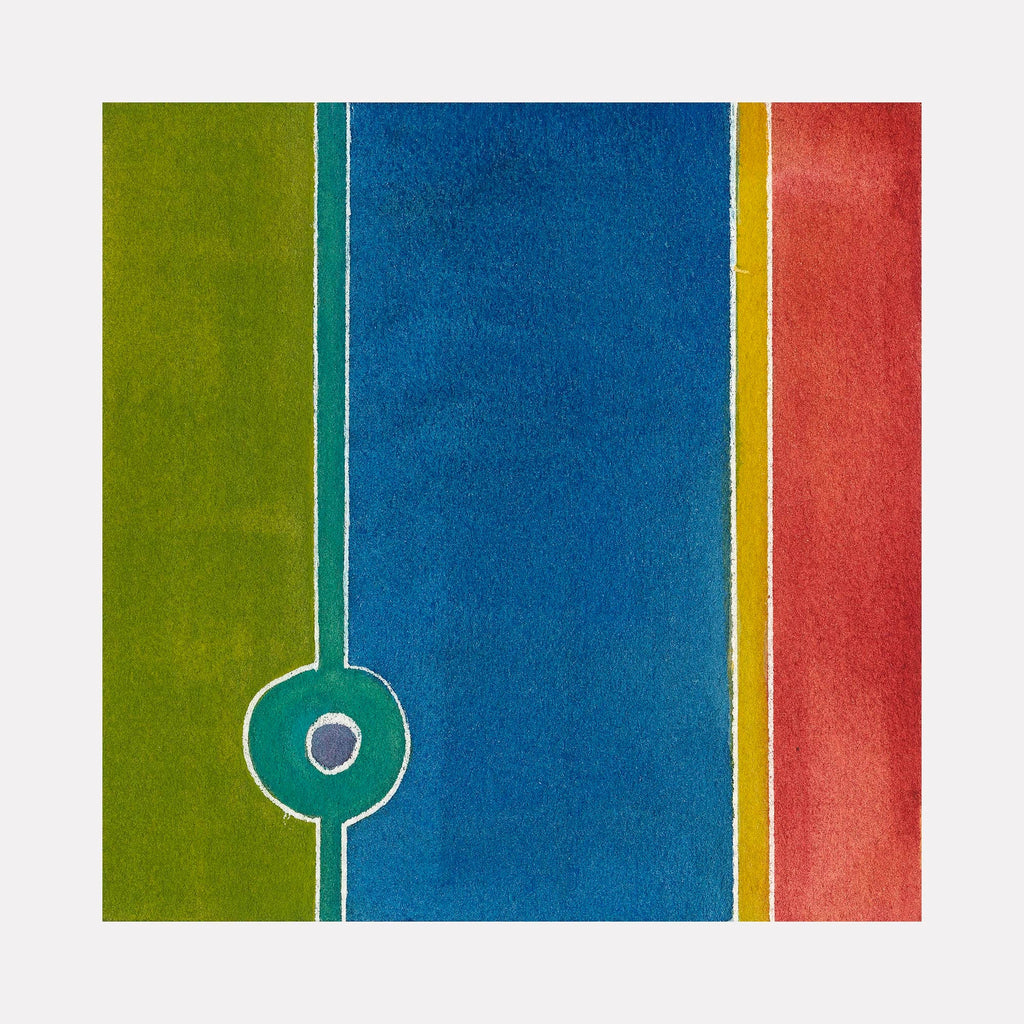 The artwork 'Earthly Marl' by Arthur Norcome features vertical color blocks in olive green, deep azure blue, and coral red, separated by thin white lines. A distinctive teal circular element with a white center intersects the blue section, creating a minimalist geometric composition. Watercolor medium gives the piece a soft, textured appearance. 5x5 inches.