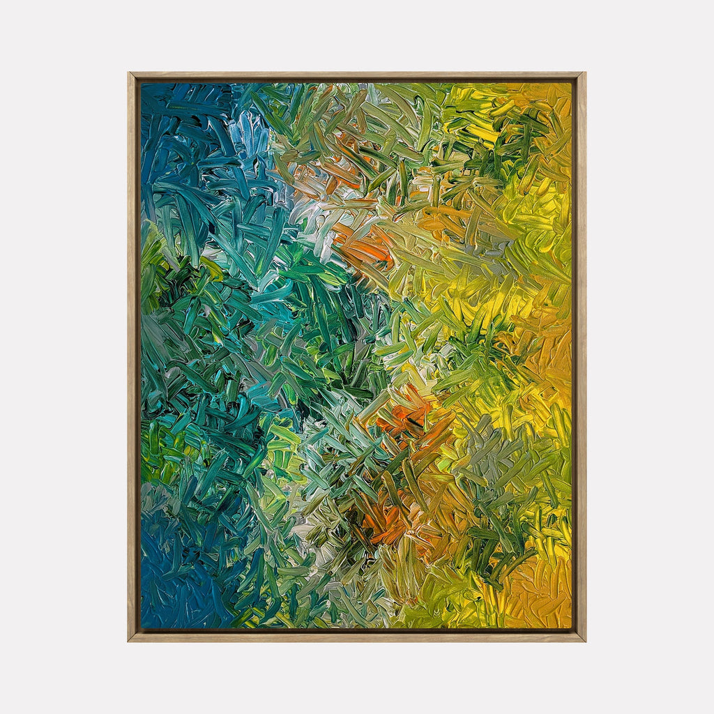 The artwork "Earth's Ache" by Hillary Hany features a richly textured expressionist composition with interwoven brushstrokes in deep blues, greens, vibrant yellows, and hints of orange. The tactile layering and dynamic palette evoke the emotive abstraction of Joan Mitchell and the vibrant movement found in work by Vincent van Gogh.