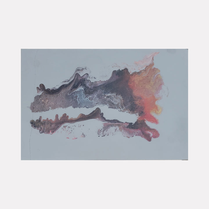 Echoes in the Mist by Swann Freslon features an abstract blend of soft grays, muted purples, and warm coral tones flowing across a pale background, capturing an ethereal, mist-like movement that evokes quiet reflection and subtle natural beauty in a contemporary, minimalist style.
