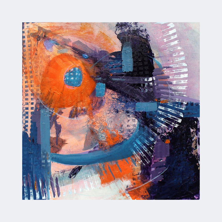 The artwork "Eclipse" by Carla Forrest features a vibrant abstract composition with bold splashes of orange and deep blues contrasted against softer lavender and pale pink hues. Dynamic brushstrokes and layered textures evoke the energy of Wassily Kandinsky's expressive abstractions, while the geometric shapes and rhythmic patterns recall elements of Sonia Delaunay's modernist style.