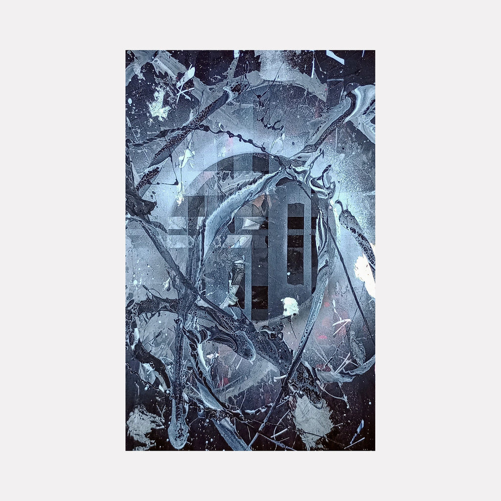 The artwork 'Eclipsed' by Nicholas Franklin features an abstract composition in ethereal shades of blue and silver. Dynamic brushstrokes create a swirling, cosmic effect across the canvas, with geometric shapes emerging through layers of paint. The textured acrylic technique produces a mysterious, otherworldly atmosphere with contrasting light and dark elements that evoke a celestial landscape.