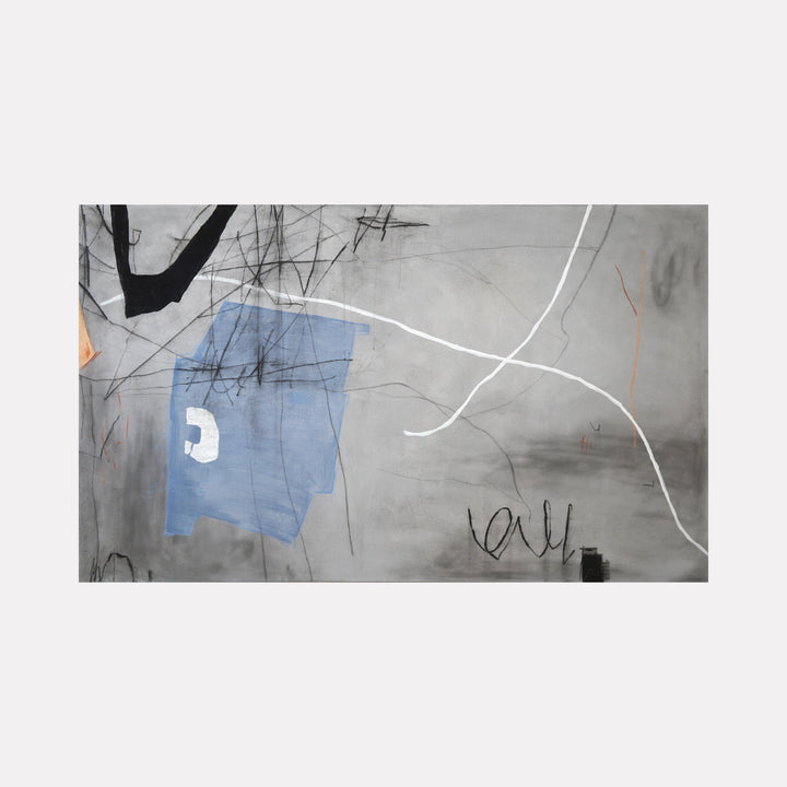 Eco by Victoria Primicias features a minimalist abstract composition with soft gray tones layered with brushed black and white lines. Accents of muted blue and subtle hints of warm orange add contrast, evoking a quiet, contemplative mood through its restrained, textured forms and balanced spatial dynamics.