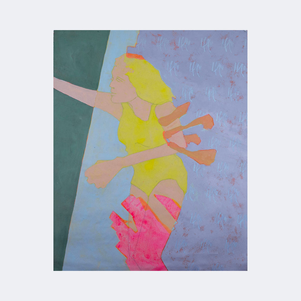 The artwork "Ecstatic Shortcomings" by Patrick Bower features a stylized female figure with flowing yellow hair and a yellow outfit against a muted blue and green background. The figure displays fragmented limbs in shades of orange and bright pink, evoking a surreal, abstract quality reminiscent of works by Egon Schiele and Henri Matisse’s bold color contrasts and fluid lines.