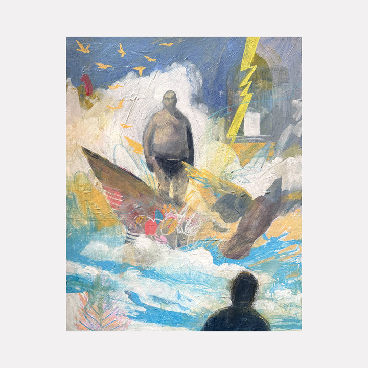 The artwork "Ego" by Chris Baily features a figurative composition with a central dark human figure emerging from a swirling, textured mix of blues, whites, and muted earth tones. Elements like a lightning bolt and abstract shapes evoke a dynamic, atmospheric tension reminiscent of early surrealism and the emotive depth found in works by Francis Bacon and Edvard Munch.
