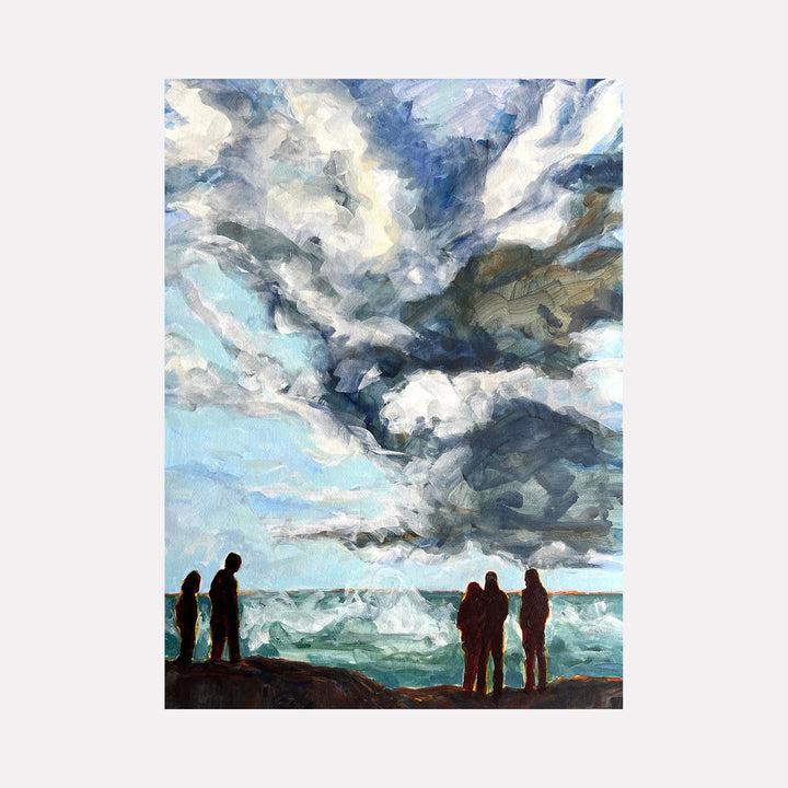 The artwork "Elemental" by Jo Carol Mitchell-Rogers depicts a dramatic seascape with five silhouetted figures standing on a rocky shore under a turbulent sky filled with swirling clouds in shades of blue, gray, and white. The style evokes the atmospheric intensity of J.M.W. Turner’s seascapes and the textural brushwork reminiscent of the Impressionists.