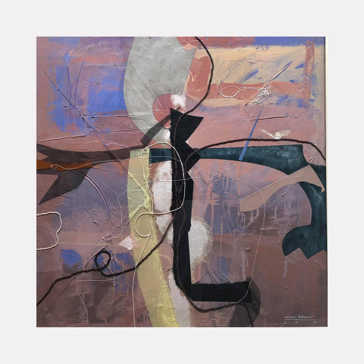 The artwork 'Elkhorn Man 01' by Jose Johann Bitancor features an abstract composition with bold black lines intersecting geometric shapes in mauve, blue, and sage green. Dynamic brushstrokes and textural elements create depth on a mixed media board, while ethereal white forms suggest movement through the earthy color palette.