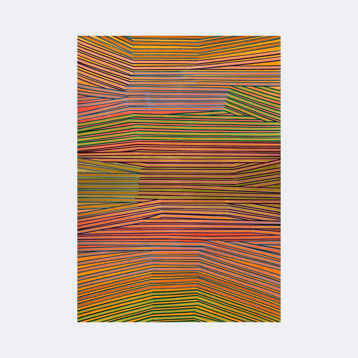 The artwork "All Mine" by Elyce Abrams features a vibrant abstract composition of geometric shapes created by parallel lines in varying angles. Warm hues of orange, red, green, and blue blend with bold black stripes, evoking the optical texture and repetition seen in works by Bridget Riley and Frank Stella.