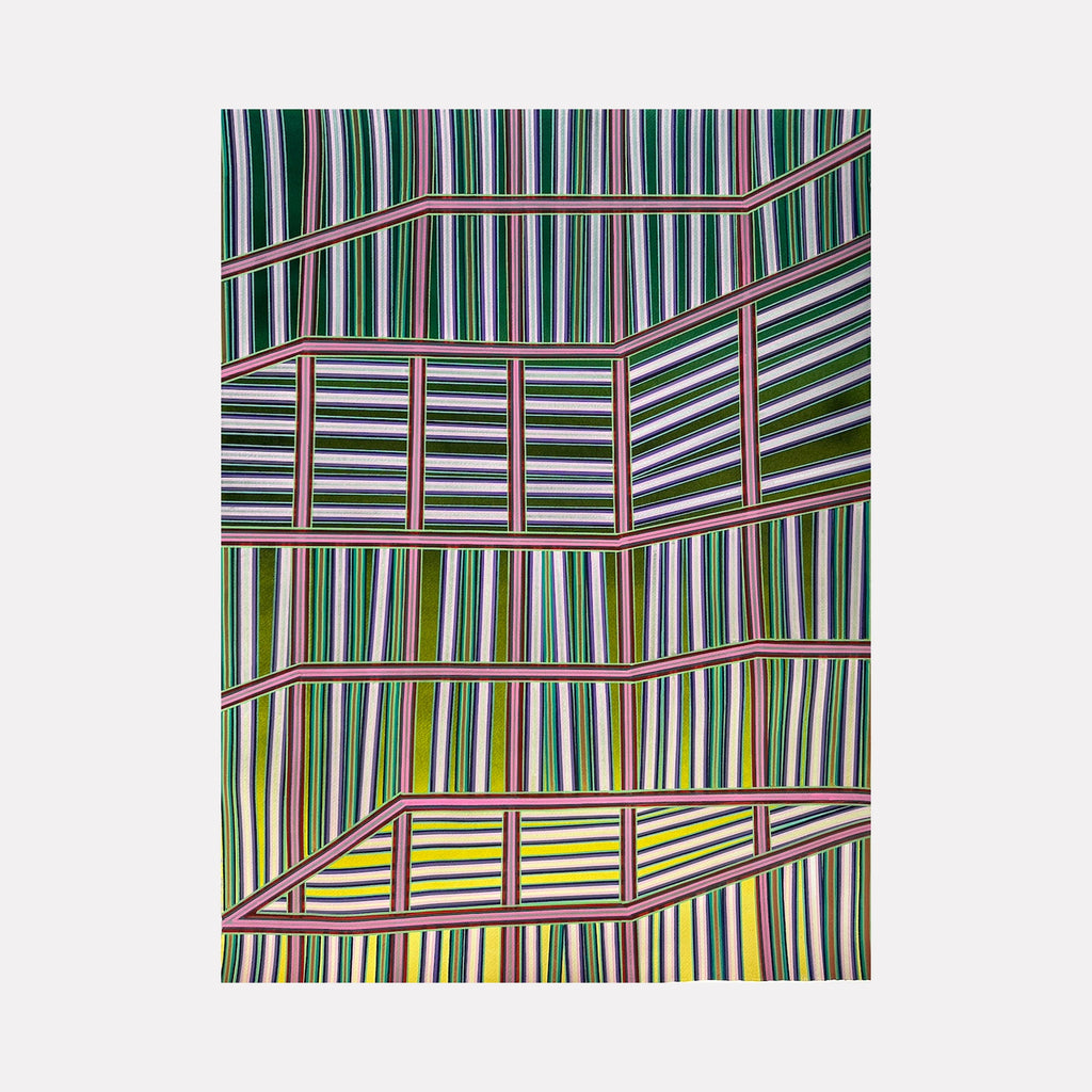 The artwork "All Over Again" by Elyce Abrams features an intricate arrangement of vertical and horizontal stripes in green, yellow, purple, and white tones, separated by bold pink and black outlines. The geometric shapes and repetitive lines evoke the minimalist and optical art styles found in works by Bridget Riley and Agnes Martin.