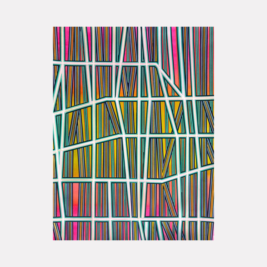 The artwork "Almost A Year" by Elyce Abrams features a vibrant abstract composition of intersecting vertical and horizontal lines, creating a grid-like pattern. The piece employs a bold color palette with shades of pink, yellow, blue, and orange, evoking the dynamic geometric style reminiscent of Piet Mondrian and contemporary abstract expressionism.