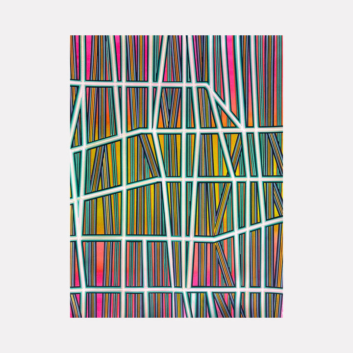 The artwork "Almost A Year" by Elyce Abrams features a vibrant abstract composition of intersecting vertical and horizontal lines, creating a grid-like pattern. The piece employs a bold color palette with shades of pink, yellow, blue, and orange, evoking the dynamic geometric style reminiscent of Piet Mondrian and contemporary abstract expressionism.