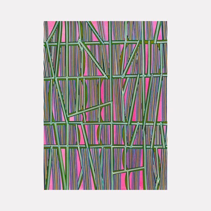 The artwork "Almost" by Elyce Abrams features a complex geometric pattern of green, blue, and black striped lines intersecting over a vibrant pink background. The composition evokes the linear abstraction and structured layering reminiscent of Piet Mondrian and the optical effects found in Bridget Riley’s works, creating a dynamic and textured modern design.