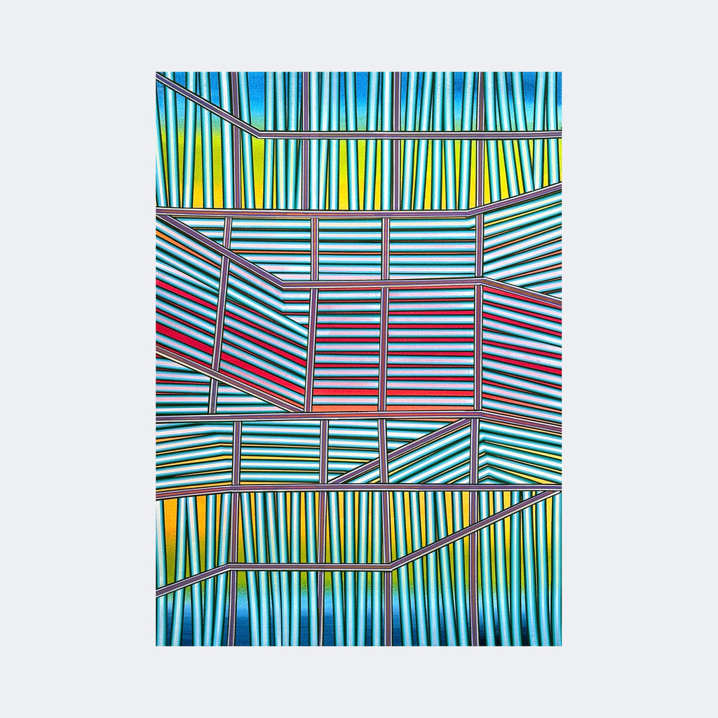 The artwork "Always Forever" by Elyce Abrams features an intricate arrangement of geometric shapes and parallel lines forming layered rectangular and trapezoidal sections. Vibrant blues, greens, yellows, and reds blend with crisp black outlines, evoking a modern, abstract style reminiscent of Piet Mondrian’s grid-based compositions and Frank Stella’s use of color and form.