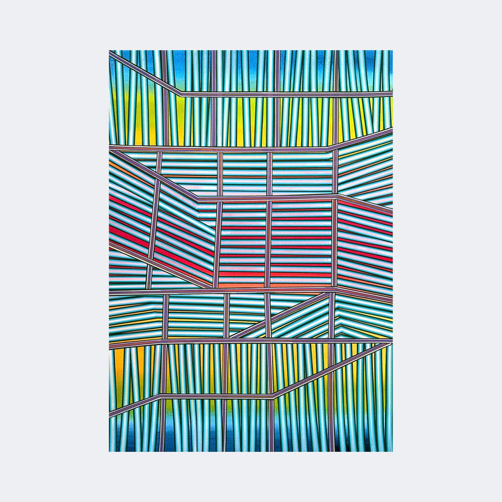 The artwork "Always Forever" by Elyce Abrams features an intricate arrangement of geometric shapes and parallel lines forming layered rectangular and trapezoidal sections. Vibrant blues, greens, yellows, and reds blend with crisp black outlines, evoking a modern, abstract style reminiscent of Piet Mondrian’s grid-based compositions and Frank Stella’s use of color and form.
