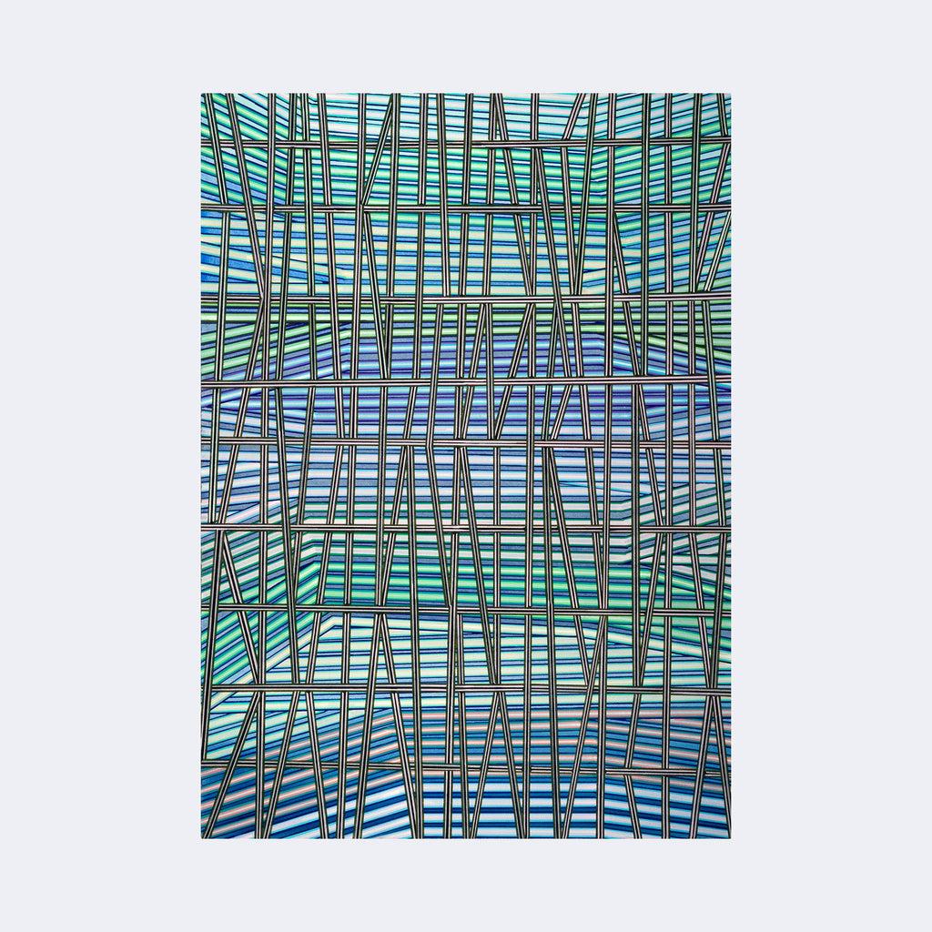 The artwork "Always Thinking About You" by Elyce Abrams features an intricate grid pattern of intersecting vertical and horizontal lines creating a lattice effect. The design uses a cool color palette of blues and greens with thin black and white stripes adding texture. Its geometric abstraction is reminiscent of Piet Mondrian's structured compositions, blending modern minimalism with optical art influences.