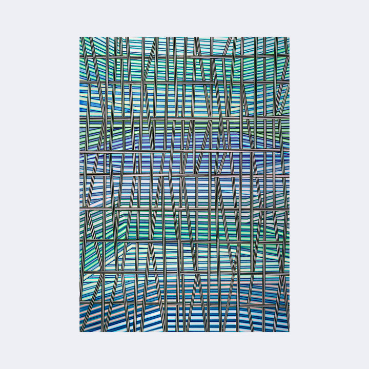 The artwork "Always Thinking About You" by Elyce Abrams features an intricate grid pattern of intersecting vertical and horizontal lines creating a lattice effect. The design uses a cool color palette of blues and greens with thin black and white stripes adding texture. Its geometric abstraction is reminiscent of Piet Mondrian's structured compositions, blending modern minimalism with optical art influences.