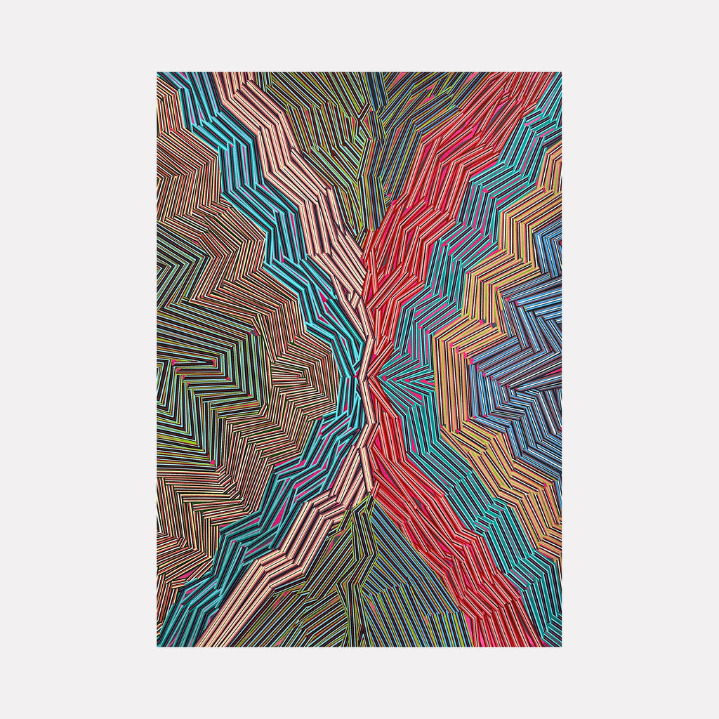 Always With Me by Elyce Abrams displays a complex arrangement of angular, zigzagging lines in rich tones of red, blue, green, and earth hues. The overlapping geometric layers create a vibrant sense of movement and tension, evoking an abstract landscape alive with depth and intricate rhythm.