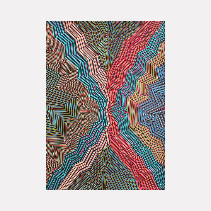 Always With Me by Elyce Abrams displays a complex arrangement of angular, zigzagging lines in rich tones of red, blue, green, and earth hues. The overlapping geometric layers create a vibrant sense of movement and tension, evoking an abstract landscape alive with depth and intricate rhythm.