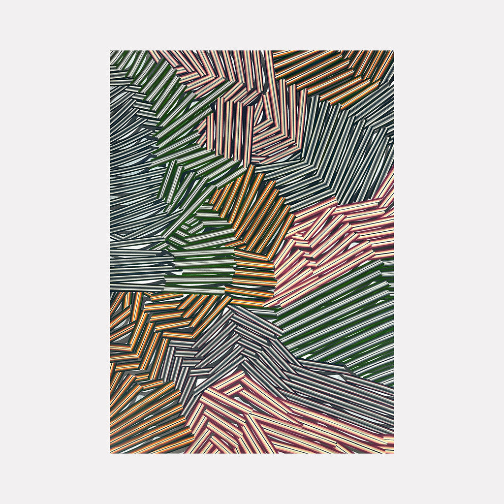 Attached by Elyce Abrams reveals a layered abstract pattern of jagged, overlapping stripes in deep greens, warm oranges, soft pinks, and muted blacks. The dynamic arrangement of angled lines creates a textured, almost three-dimensional effect, evoking a sense of connected complexity and rhythmic tension within a modern, bold composition.