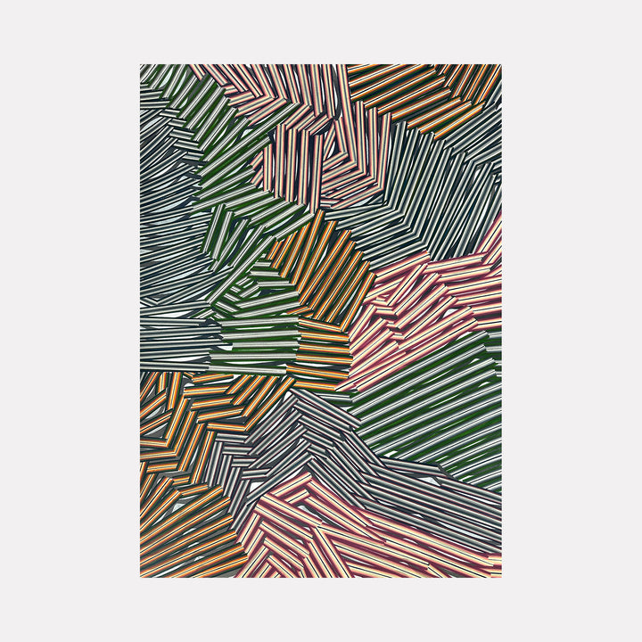 Attached by Elyce Abrams reveals a layered abstract pattern of jagged, overlapping stripes in deep greens, warm oranges, soft pinks, and muted blacks. The dynamic arrangement of angled lines creates a textured, almost three-dimensional effect, evoking a sense of connected complexity and rhythmic tension within a modern, bold composition.