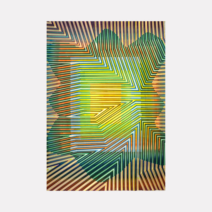 Burst by Elyce Abrams showcases a mesmerizing play of converging lines and vibrant hues in green, yellow, and subtle orange. The layered geometric pattern creates a dynamic sense of depth and movement, evoking an energetic explosion of color and form with a captivating modern aesthetic.