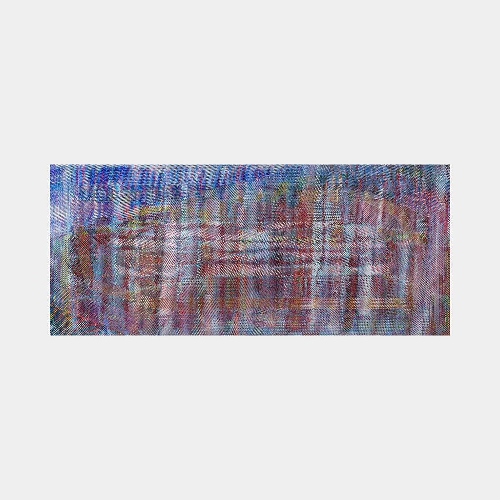 The artwork "Caught Up" by Elyce Abrams features a layered abstract landscape dominated by cool blues and muted purples with hints of red and green. The intricate textures and interwoven lines create a sense of depth and movement, evoking the abstract expressionism of Helen Frankenthaler and the atmospheric complexity of Gerhard Richter's works.