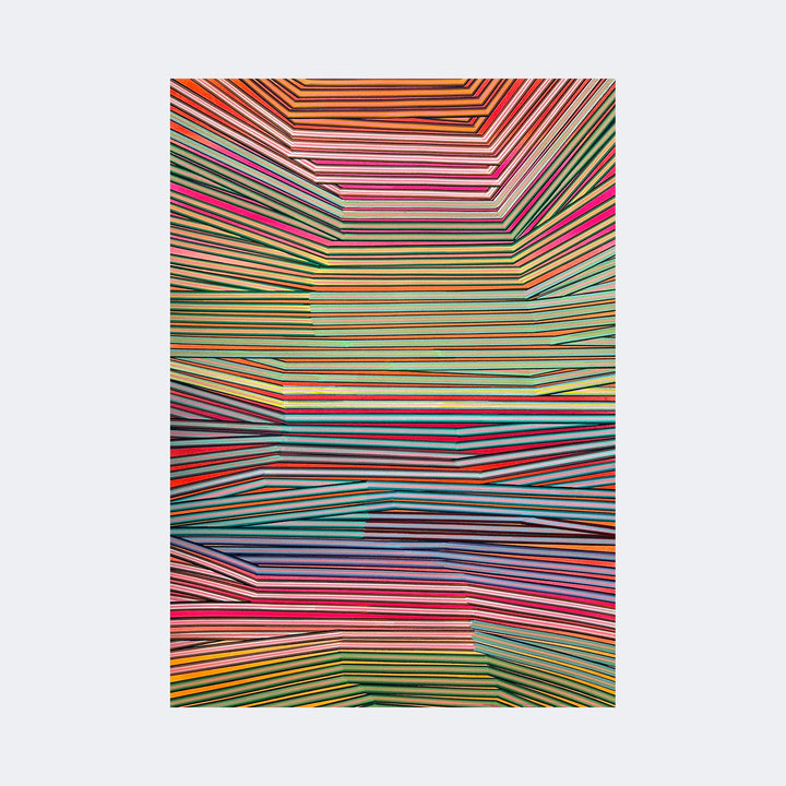The artwork "Covering With Memories" by Elyce Abrams features vibrant, parallel lines in a dynamic arrangement that creates a sense of depth and movement. Bold stripes of various colors including reds, greens, blues, and yellows evoke a modern, abstract style reminiscent of works by Bridget Riley and Frank Stella, emphasizing optical illusion and geometric precision.