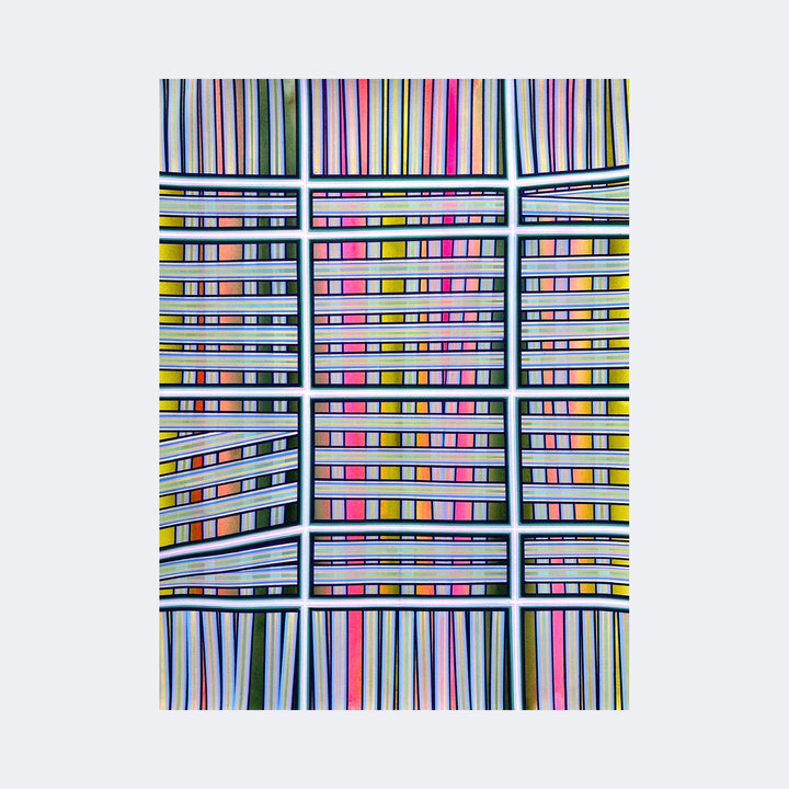The artwork "Dreaming" by Elyce Abrams features a grid of rectangular and square shapes filled with vibrant pastel colors such as pink, yellow, green, and blue, intersected by bold black lines. The composition evokes the abstract geometric style reminiscent of Piet Mondrian and Paul Klee, with a modern, textured pattern of vertical and horizontal stripes creating a dynamic, rhythmic effect.