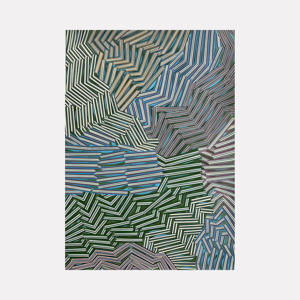 Drifting Away by Elyce Abrams showcases a complex arrangement of angular, interlacing lines and stripes in earthy greens, blues, and muted tans. The layered, zigzag patterns create a sense of gentle motion and subtle depth, inviting calm reflection through its balanced composition and harmonious color interplay.