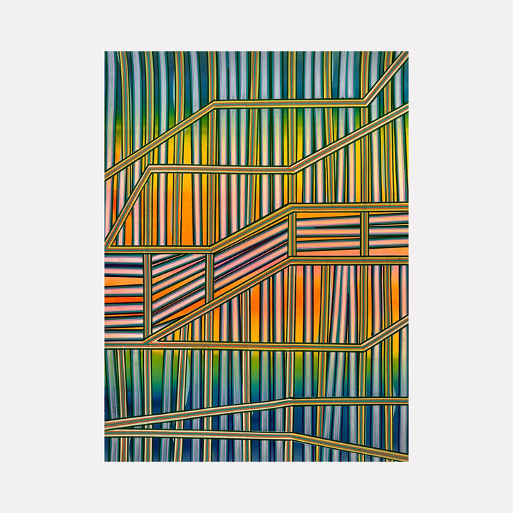 The artwork "Every Way" by Elyce Abrams features a vibrant composition of vertical and diagonal stripes in varying widths, blending shades of green, blue, orange, and yellow. The painting's geometric layout and color transitions evoke a rhythm reminiscent of Frank Stella’s abstract works, with a modern, textured finish.