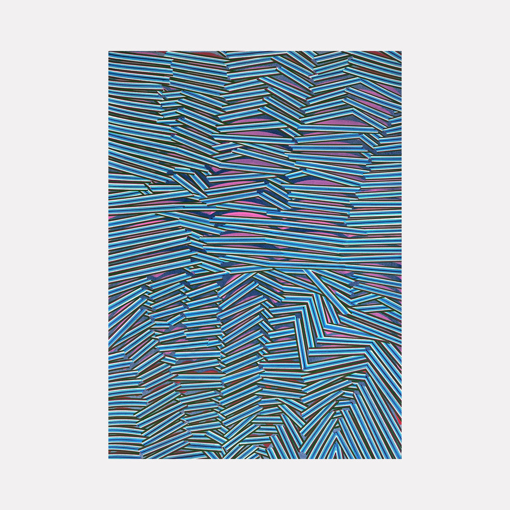 For Me by Elyce Abrams features an intricate network of layered diagonal lines in varying shades of blue, purple, and black. The intersecting geometric forms create a vibrant sense of depth and rhythm, evoking a complex, mesmerizing visual experience with a modern, abstract appeal.