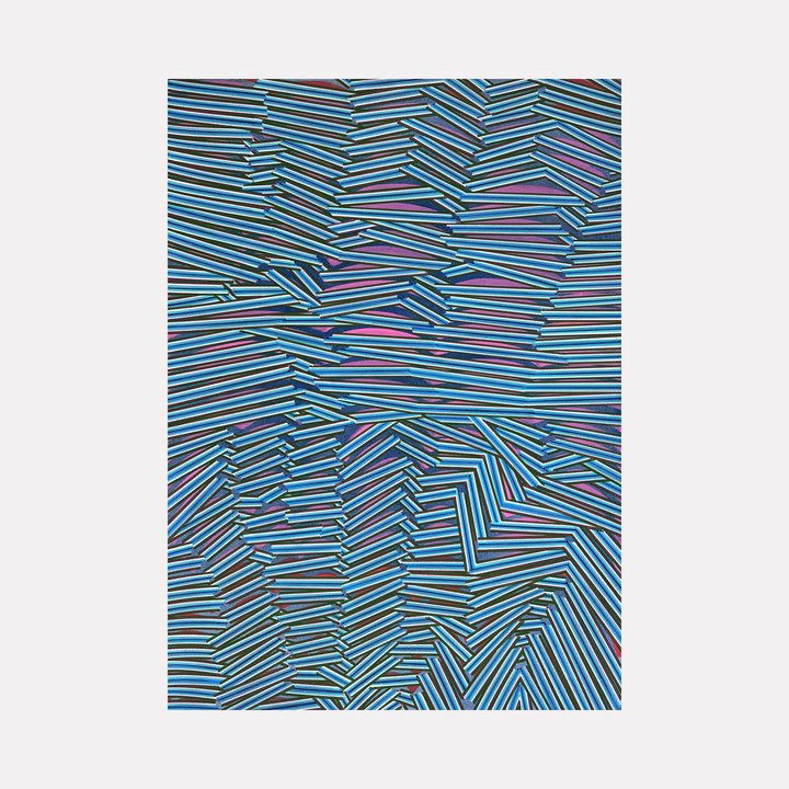 For Me by Elyce Abrams features an intricate network of layered diagonal lines in varying shades of blue, purple, and black. The intersecting geometric forms create a vibrant sense of depth and rhythm, evoking a complex, mesmerizing visual experience with a modern, abstract appeal.