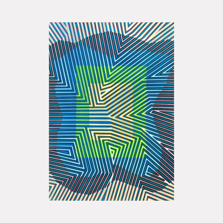 For You by Elyce Abrams presents a striking interplay of zigzagging lines and vibrant shapes in shades of blue, green, and cream. The geometric patterns weave together dynamically, creating a visually stimulating composition that balances movement and structure with a bold, contemporary energy.