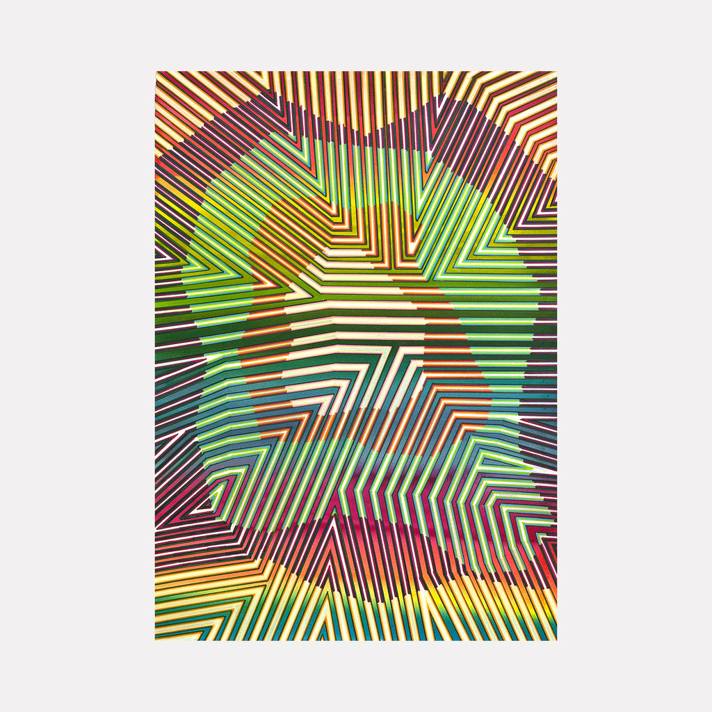 Holding Together by Elyce Abrams displays an intricate abstract design of interwoven angular lines creating layered shapes in vibrant greens, reds, yellows, and purples. The rhythmic patterning and contrasting colors evoke a sense of cohesion and dynamic energy within a complex, modern composition.
