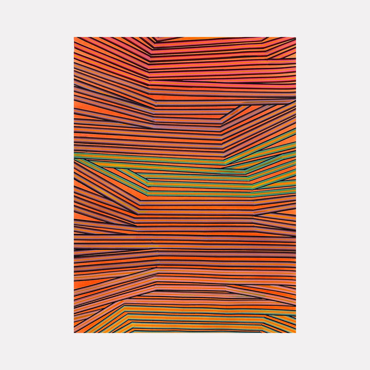 The artwork "Holding Up" by Elyce Abrams features a vibrant composition of parallel and angled lines creating layered geometric shapes. Dominated by warm tones of orange and red, accented by green and yellow hues, the piece evokes the structured rhythm found in Op Art, reminiscent of Bridget Riley's optical patterns, with a modern, dynamic texture.