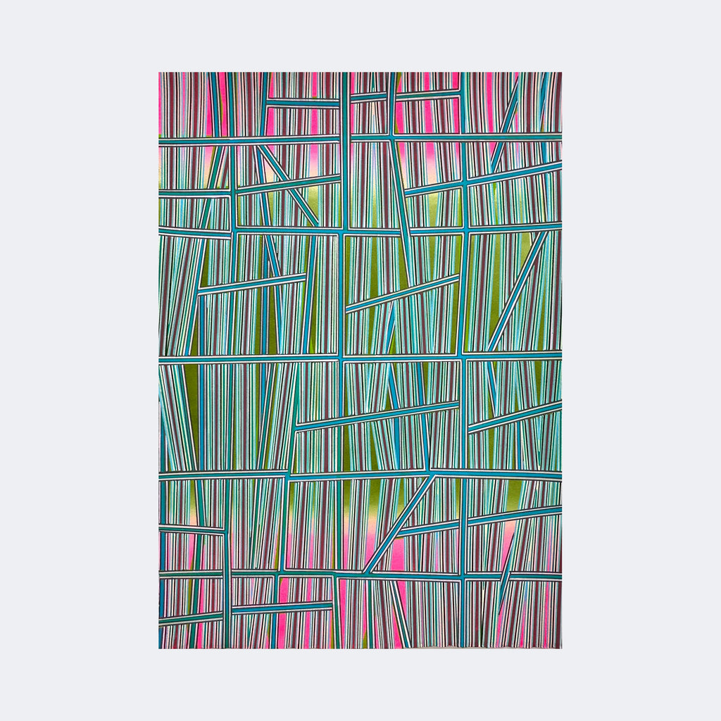 The artwork "Impossible To Forget" by Elyce Abrams features an intricate grid of intersecting lines and rectangular shapes filled with vibrant vertical stripes in shades of pink, green, and blue. The composition echoes the geometric abstraction of Piet Mondrian, with dynamic linear patterns reminiscent of Bridget Riley's optical art style, creating a visually engaging, layered texture.