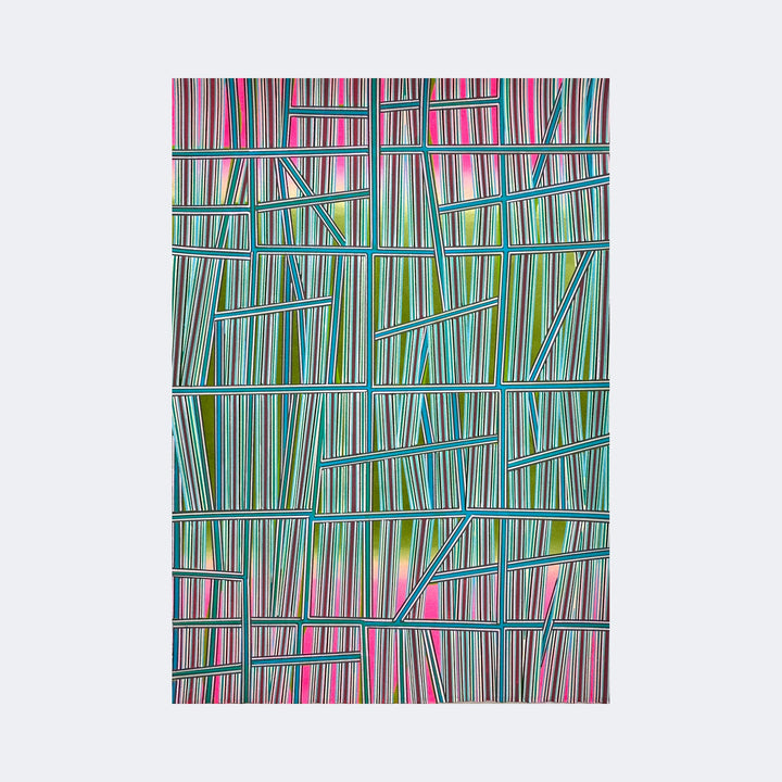 The artwork "Impossible To Forget" by Elyce Abrams features an intricate grid of intersecting lines and rectangular shapes filled with vibrant vertical stripes in shades of pink, green, and blue. The composition echoes the geometric abstraction of Piet Mondrian, with dynamic linear patterns reminiscent of Bridget Riley's optical art style, creating a visually engaging, layered texture.