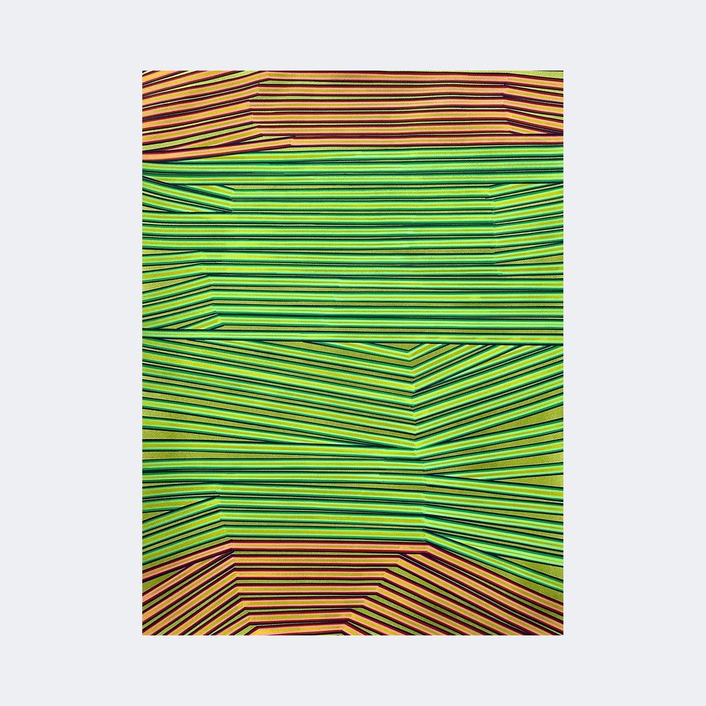 The artwork "It's Better Here" by Elyce Abrams features a vibrant composition of tightly aligned horizontal and diagonal stripes in bright green, yellow, orange, and black, creating a dynamic optical illusion reminiscent of Bridget Riley’s Op Art style. The layered linear patterns and sharp angles invoke a textured, geometric abstract aesthetic.