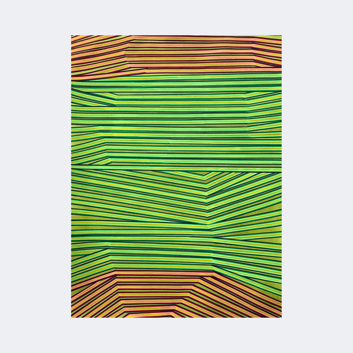 The artwork "It's Better Here" by Elyce Abrams features a vibrant composition of tightly aligned horizontal and diagonal stripes in bright green, yellow, orange, and black, creating a dynamic optical illusion reminiscent of Bridget Riley’s Op Art style. The layered linear patterns and sharp angles invoke a textured, geometric abstract aesthetic.