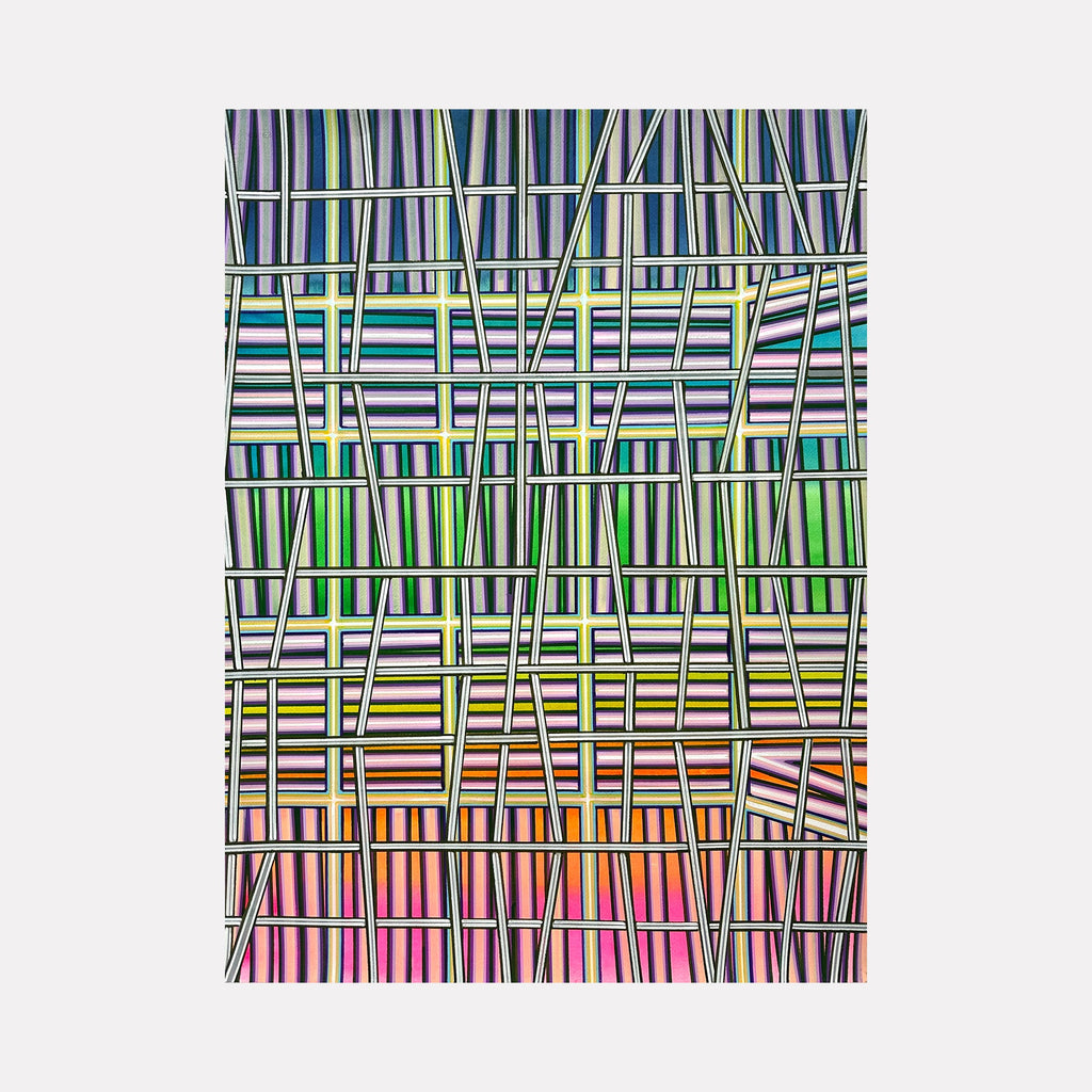 The artwork "Light" by Elyce Abrams features an intricate grid of intersecting vertical and horizontal lines in varying widths, creating a layered, woven effect. The color palette transitions smoothly from cool blues and purples at the top, through greens and yellows, to warm pinks and oranges at the bottom, reminiscent of abstract geometric styles by Piet Mondrian and Frank Stella.