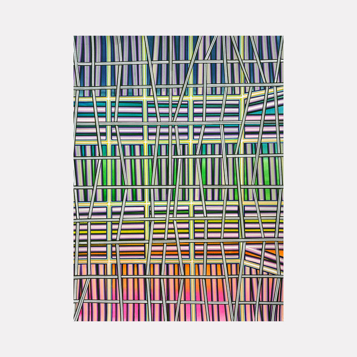 The artwork "Light" by Elyce Abrams features an intricate grid of intersecting vertical and horizontal lines in varying widths, creating a layered, woven effect. The color palette transitions smoothly from cool blues and purples at the top, through greens and yellows, to warm pinks and oranges at the bottom, reminiscent of abstract geometric styles by Piet Mondrian and Frank Stella.