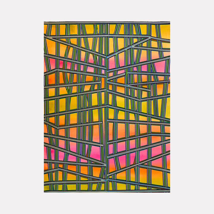 The artwork "Long Ago" by Elyce Abrams features a geometric abstract design with intersecting black lines forming irregular grid patterns over a vibrant gradient background transitioning from yellow to orange and pink. The piece evokes the structured abstraction reminiscent of Piet Mondrian and the color richness found in Mark Rothko’s work.