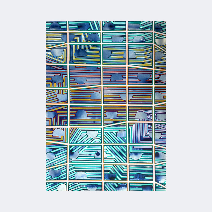 The artwork "Lost" by Elyce Abrams features a grid-like abstract composition with layered geometric patterns reminiscent of circuit boards, in shades of blue, teal, and gold. The piece evokes a modern, tech-inspired aesthetic with a blend of precision and fluidity, reminiscent of works by Piet Mondrian and Paul Klee.