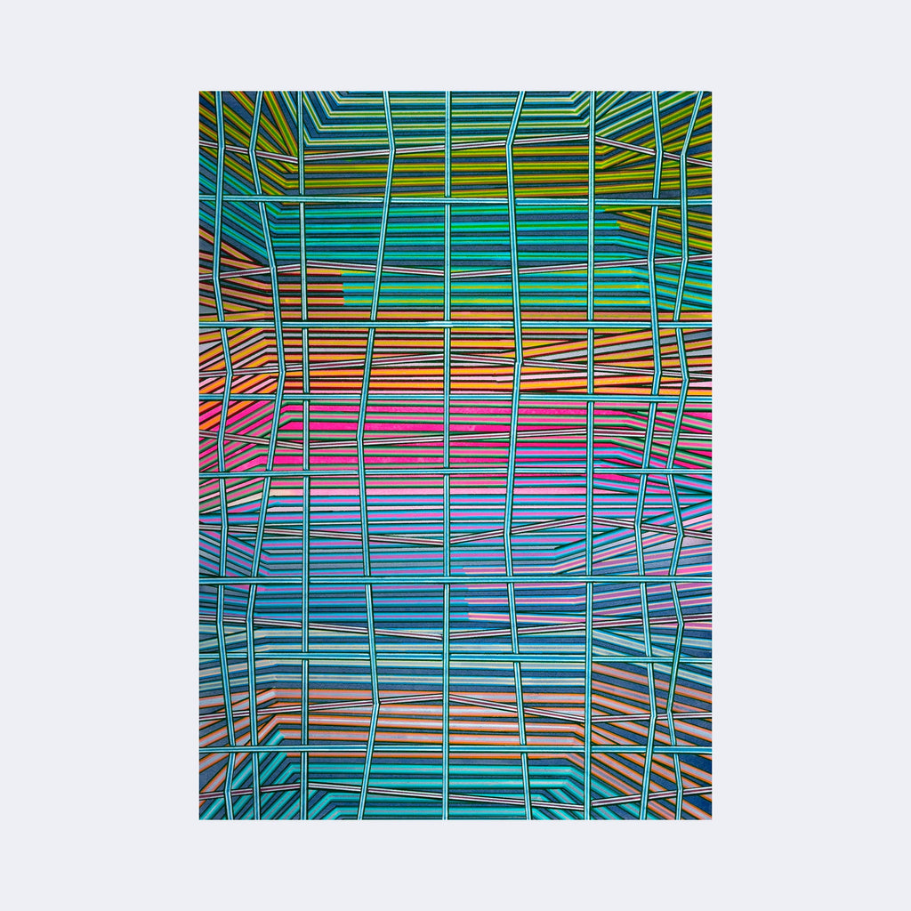 The artwork "More Is More" by Elyce Abrams features an intricate grid of vertical and horizontal lines creating a distorted maze-like pattern. Bold stripes in vibrant teal, orange, pink, yellow, and blue blend seamlessly, reminiscent of Op Art and the graphic style of Bridget Riley, with a modern, layered texture evoking movement and depth.