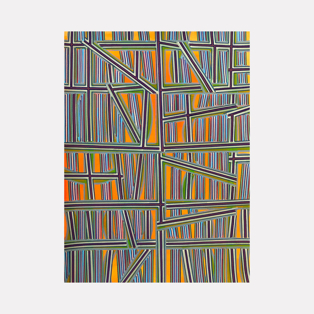 The artwork "Orange Drawing" by Elyce Abrams features an intricate composition of intersecting lines and geometric shapes, predominantly in vivid orange, purple, green, and yellow hues. The piece showcases a modern abstract style reminiscent of Piet Mondrian’s grid structures, with textured layers and bold color contrasts creating dynamic visual rhythm.